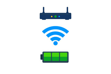 Wireless router and battery icons with Wi-Fi signal shown below in a simple design on a light background in a tech setting