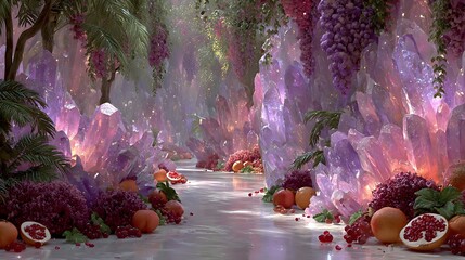 A whimsical fantasy scene with crystals and fruits in a mysterious place