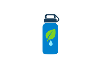 Water bottle with a green leaf design on a blue background shows eco-friendly product design for sustainable living