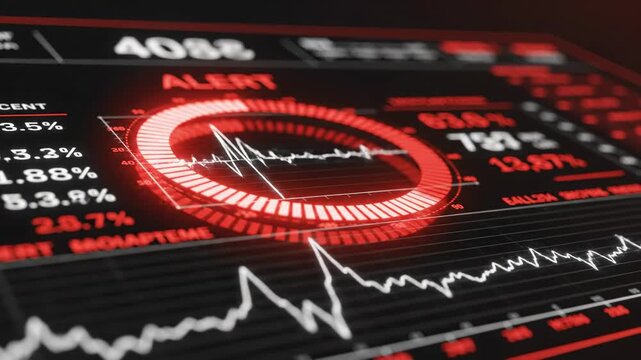 Close-up of a futuristic monitoring screen displaying a red earthquake alert. A circular gauge pulses with seismic wave activity amidst scrolling data and graphs, highlighting urgency.