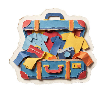 Overpacked suitcase bursting open torn paper cutout.