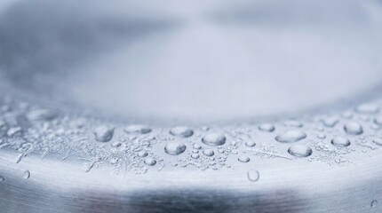Obraz premium Macro photograph of dew droplets on a brushed metal surface, highlighting reflective textures, moisture patterns, and the calm cold ambiance of damp industrial metal.