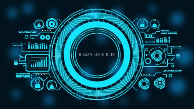Futuristic  Human Resources Analytics Dashboard Interface with Blue Neon HUD Elements Showing Business Data Visualization, Digital Strategy Insights, Market Analysis, Technology Innovation,