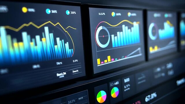 Modern data visualization on multiple screens displaying various charts and graphs.