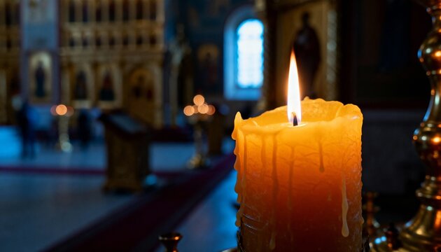 Burning beeswax candle in an Orthodox church. Close up of a lit candle with dripping wax against a blurred iconostasis background. Religious Easter tradition and prayer concept