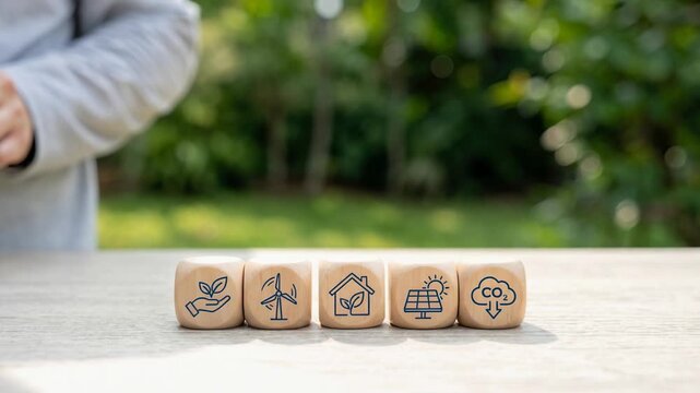 Hand placing wooden eco icon blocks for sustainable business strategy with renewable energy and carbon reduction.