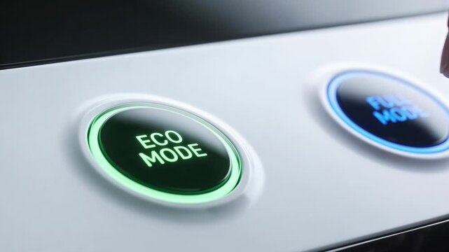 Finger pressing eco mode button on modern device control panel for energy saving and efficiency.