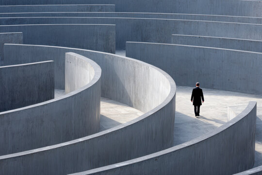 Man in a dark suit navigating through large empty modern concrete maze maze symbolizing challenge and decision making in a minimalistic architectural environment