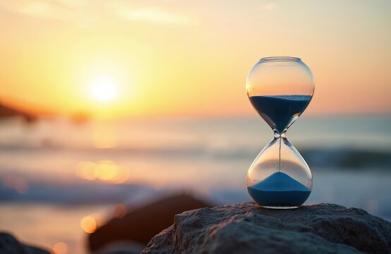 Hourglass with blue sand on rock at sunset sea. Time flowing like water, counting minutes. Represents relax and deadline concept with copy space. Calm ocean.