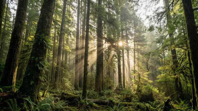 Sunbeams through lush temperate rainforest background with mossy trees and ferns.