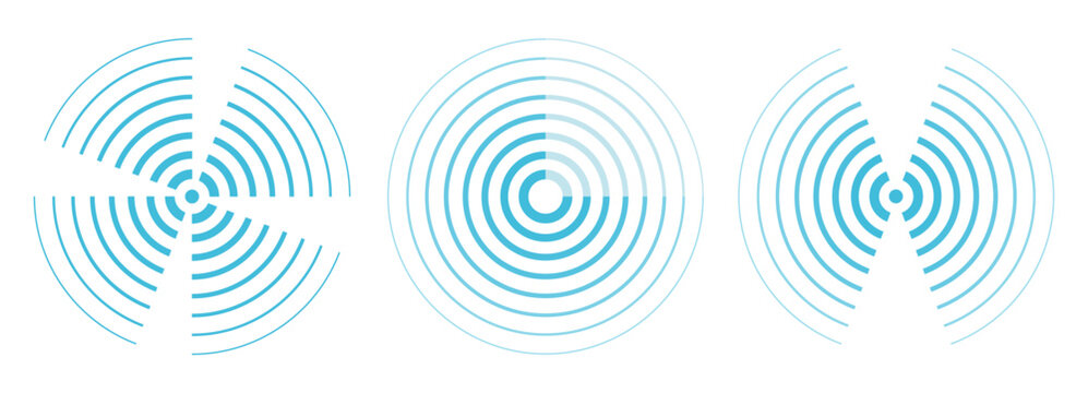Radar icons. Radial wave telecommunication. Radio circle, sonar shapes. Vector