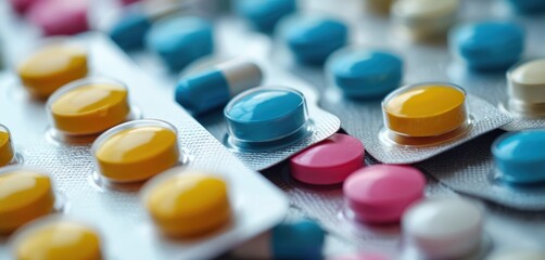 Pills and capsules in colorful blister packs for medical treatment. Various medicines are ready for consumption, representing healthcare and wellness solutions.