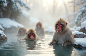 Fototapeta premium Japanese macaques soak in hot springs in winter. Snow covers mountains and trees around geothermal water pool. Primates relax in steamy environment during cold season.