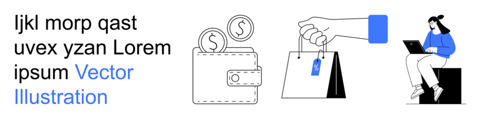 Finance, e-commerce, online shopping, digital payments, consumer activity, remote work. Wallet with coins, hand holding shopping bags person using laptop. Finance and e-commerce concept