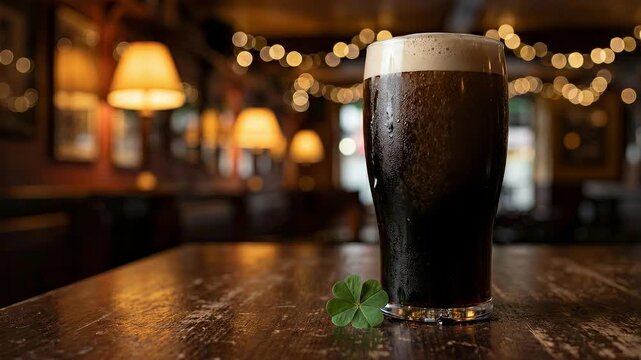 Animated dark stout pour in pub glass with shamrock foam art. Irish beer settling sequence for st. patricks day celebration in cozy bar atmosphere.