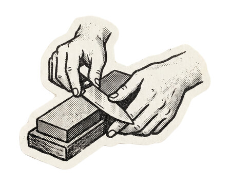 Hands sharpening knife paper sticker.