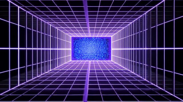 Futuristic grid tunnel with blue glowing portal in the center.