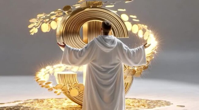 Homem de roupa branca com bra&ccedil;os abertos diante de cifr&atilde;o dourado cercado por moedas, conceito de prosperidade, sucesso financeiro, riqueza e conquista econ&ocirc;mica