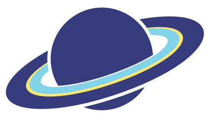 A stylized planet with rings, navy blue body and multi-colored rings, white background © gudangPIXEL