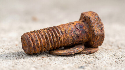 Rust stained metal bolt and washers lie on a rough textured surface, revealing the relentless embrace of time and decay outdoors