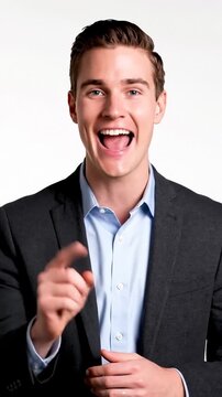 Young Businessman Talking Directly to Camera With Animated Gestures Against White Background