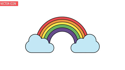 Fototapeta premium Simple cartoon illustration of a rainbow arching over fluffy clouds, set on a white background