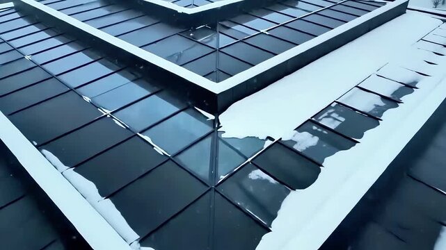 Glass roof of modern building covered with snow layer shot at unusual angle. Geometric lines of frame and window reflection. Concept of strict architectural abstraction and urban winter design