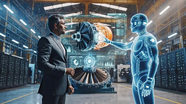 A businessman interacts with a futuristic virtual human in a modern industrial warehouse setting in this video.