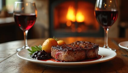 Naklejka premium Juicy grilled beef steak served on white plate with potatoes and jam. Two glasses of red wine are on table. Cozy fireplace glows warmly in background.