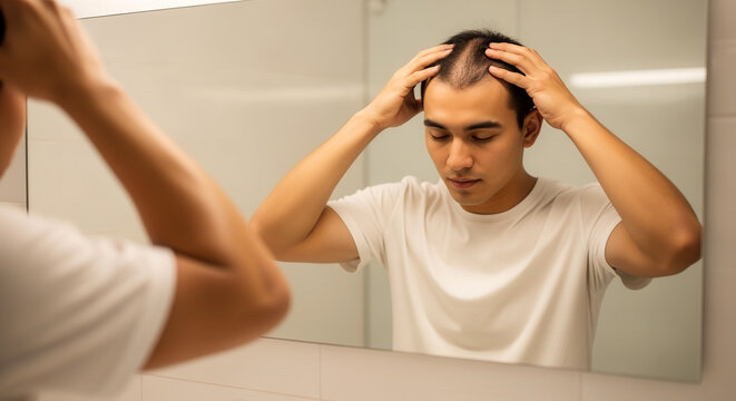 A young man concerned about hair loss examines his thinning scalp in a bathroom mirror. Male pattern baldness and alopecia health concept