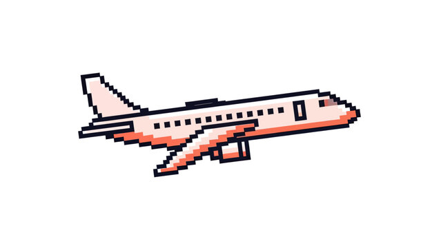 Pixelated airplane with a peach body and black accents, facing right on white
