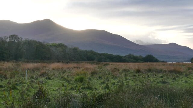 View of grassland and mountains of Killarney National Park, during a misty sunset in Killarney, County Kerry, Republic of Ireland.