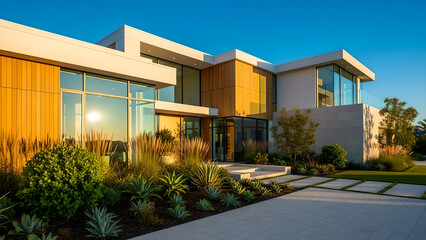 Fototapeta premium Modern Luxury House Contemporary Villa Glass Wood Facade Sunset Garden