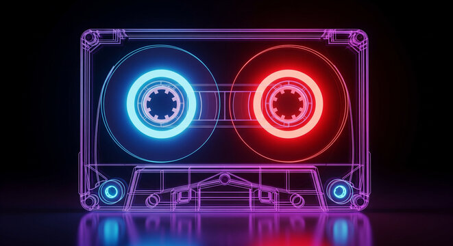 Neon-lit cassette tape sculpture with blue and red reels