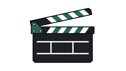 Obraz premium Cartoon film clapperboard, open. Features black and white stripes and teal accents, isolated on white