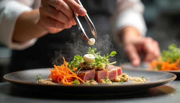 Chef garnishes grilled tuna steak with microgreens and culinary elements. Fine dining presentation with fresh ingredients and attention to detail on dark plate.