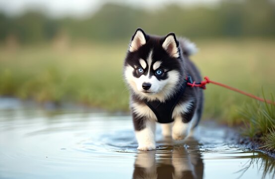 Cute pomsky puppy with blue eyes walks in water puddle. Small dog wears harness and leash on grassy field. Adorable pet explores nature, enjoys outdoor activity, happy dog.