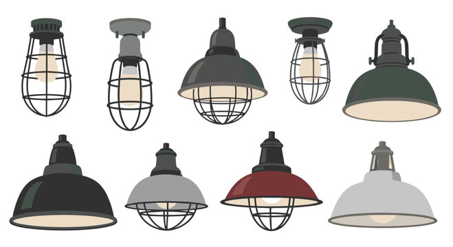 Assortment of colorful industrial ceiling and hanging pendant lights with caged designs and warm filament bulbs