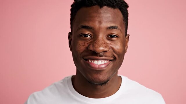 Young African man with freckles brushes teeth with blue brush. He looks happy and energetic against pink studio background. Ideal for dental health and daily hygiene advertising.