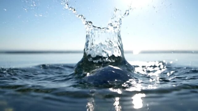 Crystal-clear water splashes form a crown against a bright blue sky. Sunlit droplets shimmer, highlighting purity, freshness, and liquid motion. Ideal for beverage ads, hydration, nature, or as a pris