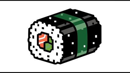 A pixelated sushi roll with salmon and avocado, wrapped in seaweed, sitting on white © gudangPIXEL