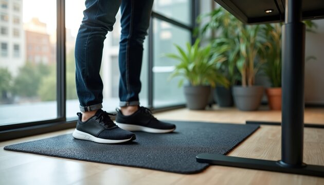 Man stands on anti-fatigue mat working at standing desk. Plants and large window in modern office. Person promotes comfort and wellness at workplace. Ergonomic setup aids productivity.