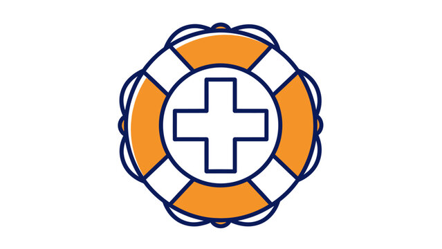A stylized rescue buoy illustration. Features orange/white with blue lines and a white cross