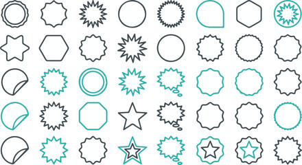 Collection of various colorful starburst shapes and icons  stars  circles  hexagons  labels  symbols  graphics