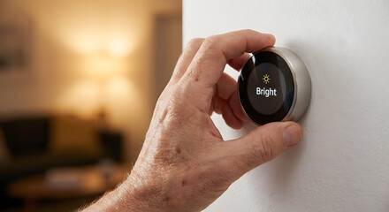 Fototapeta premium close up of elderly hand adjusting smart home thermostat or dimmer switch on wall to bright setting for energy efficiency and climate control in modern living room interior