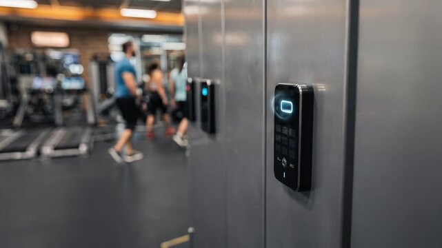 Medium shot showing a smart wristband tapping to open a locker in a busy gym setting with blurred workout equipment creating depth.