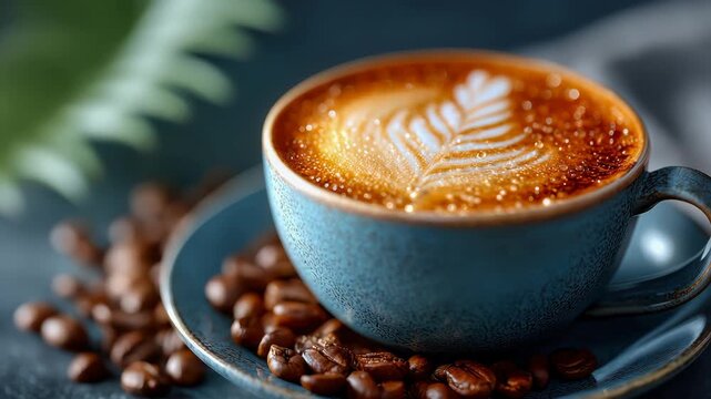 Coffee cup with latte art placed on a gray surface surrounded by coffee beans in the afternoon light
