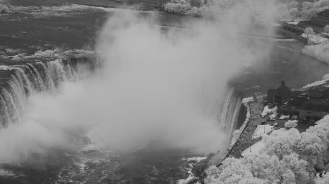 Infrared aerial landscape showing Niagara Falls nature and surroundings in bright surreal tones