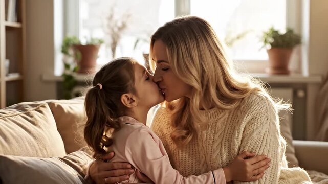 Family Warm Embrace, Mother And Daughter Enjoy Cozy Afternoon, Joyful Mother Cuddles Daughter On Sunny Couch, Loving Mother Shares Tender Moments With Her Child In Warm Sunlight