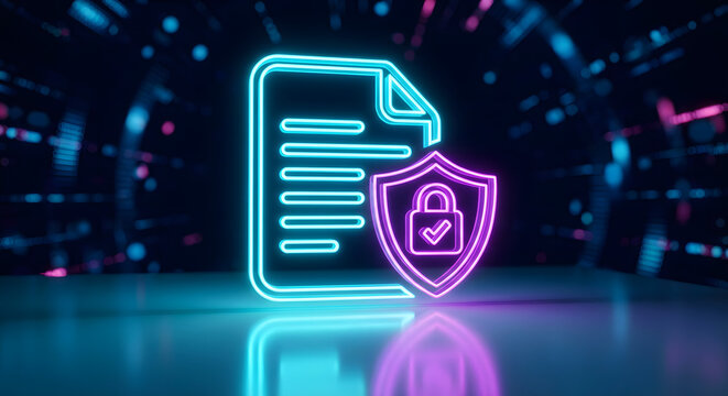 neon glow digital document icon with security shield and padlock representing data protection cyber security privacy policy and secure cloud storage in futuristic tech environment